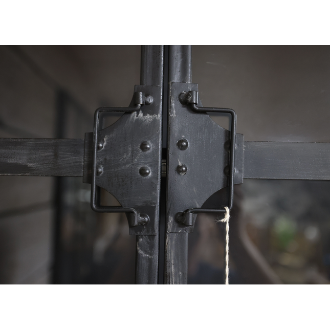 Black metal wall storage cabinet with double glass doors