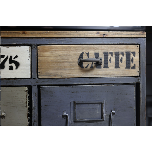 Wooden cabinet with 'CAFFE' stenciled on a drawer