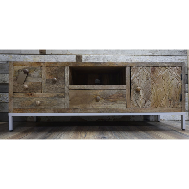 White metal & rustic carved wood tv storage cabinet