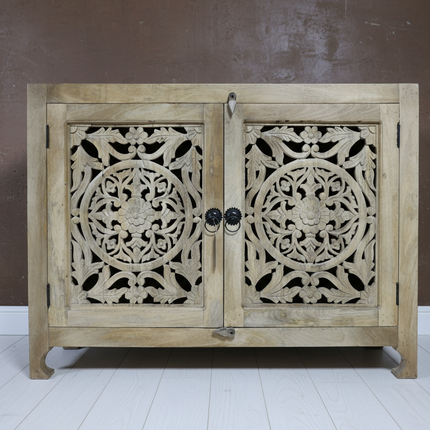 Ornate carved wood shelved storage cupboard range UK - Elderflower Lane