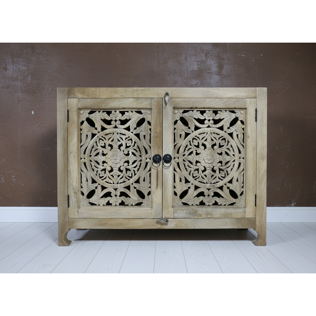 Ornate carved wood shelved storage cupboard range - Elderflower Lane