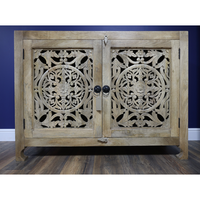 Ornate carved wood shelved storage cupboard