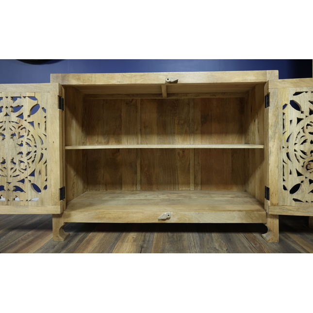 Ornate carved wood shelved storage cupboard