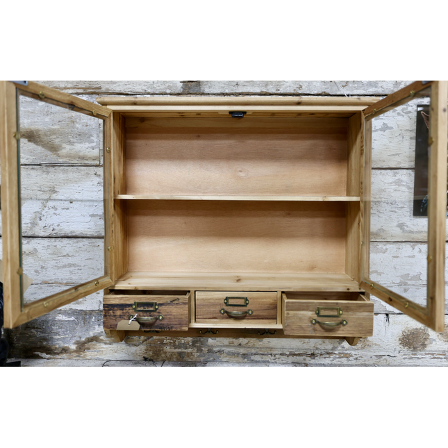 Glass fronted rustic wood wall cabinet