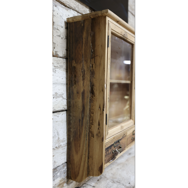 Glass fronted rustic wood wall cabinet