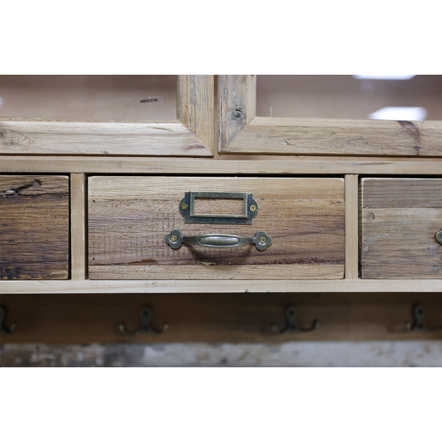 Glass fronted rustic wood wall cabinet