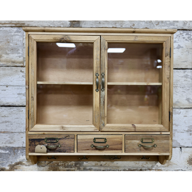 Glass fronted rustic wood wall cabinet