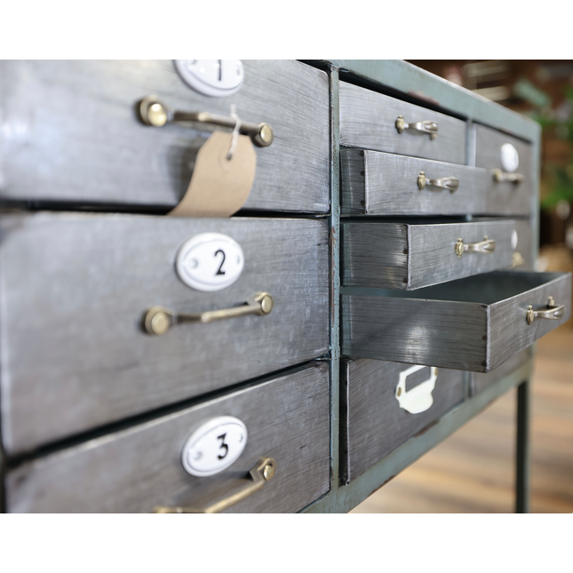 Green metal & brushed steel multi drawer cabinet