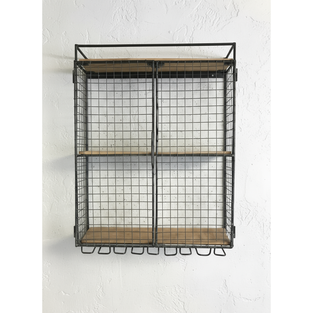 Metal wire shelf cabinet with wooden shelves -  Elderflower Lane