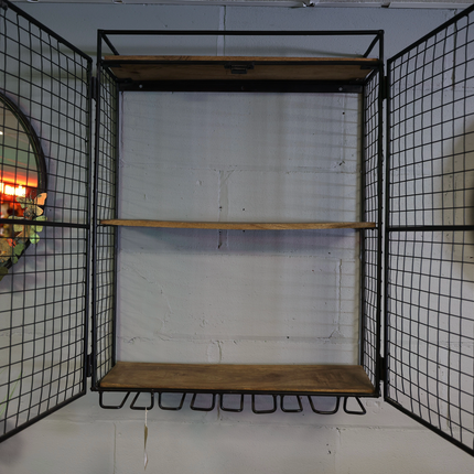 Wall drinks cabinet with bottle storage shelves and hanging glass rack in black metal - Elderflower Lane
