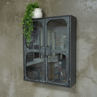 Black metal wall storage cabinet with double glass doors
