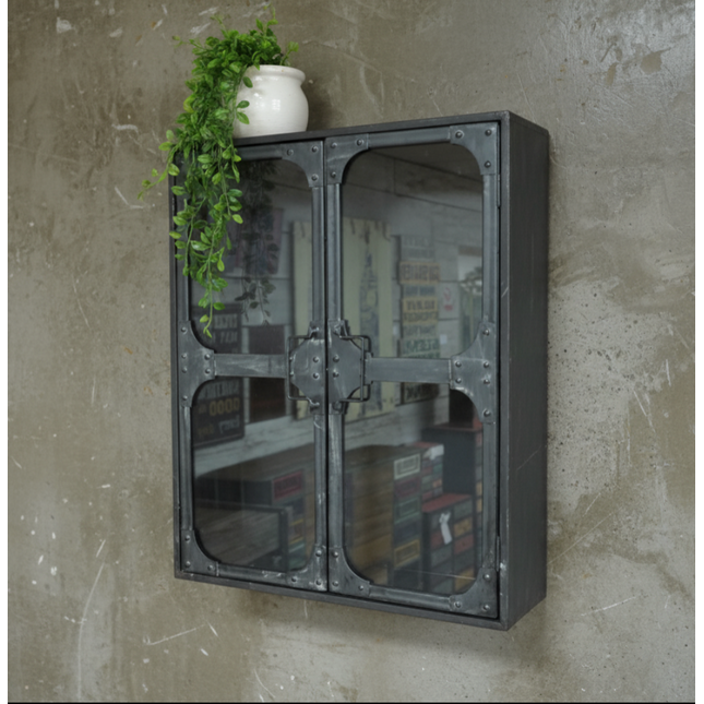 Black metal wall storage cabinet with double glass doors