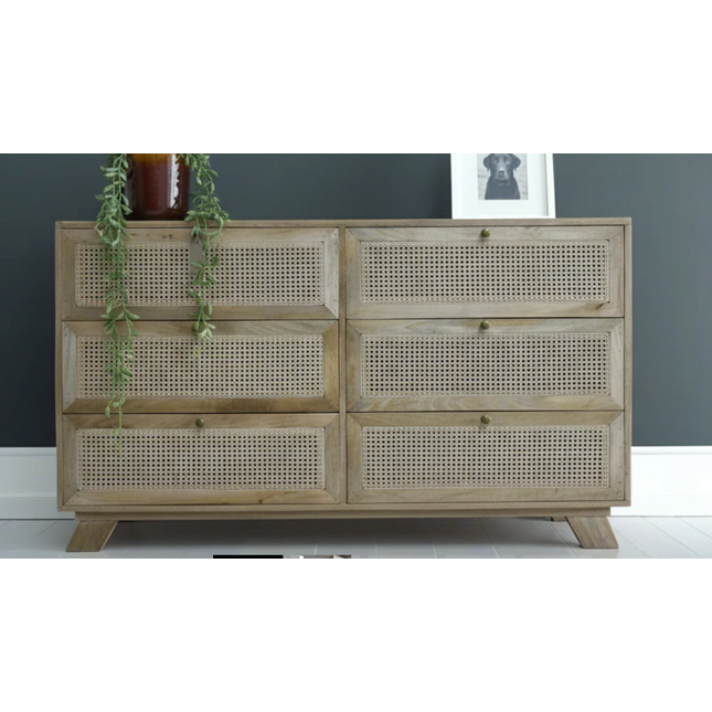 Wood & rattan chest of 6 drawers cabinet