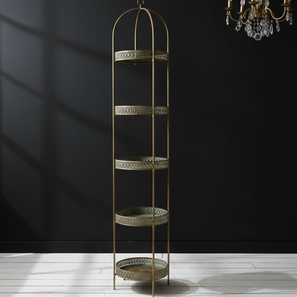 Gold tall slim  round 5 tier shelf unit  UK - Elderflower Lane