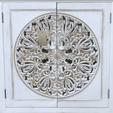 White carved Boho storage cabinet Uk - Elderflower Lane