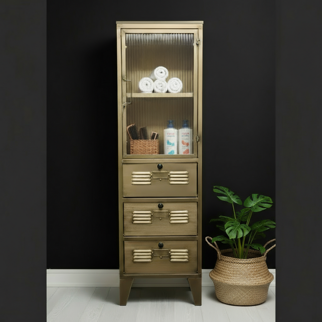 Tall slim muted gold metal & ribbed glass  storage display  cabinet - Elderflower Lane