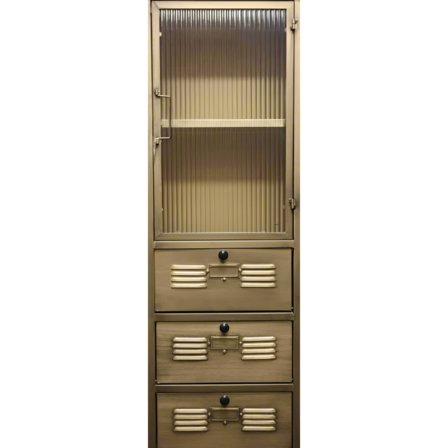 Muted gold metal & ribbed glass tall slim storage cabinet