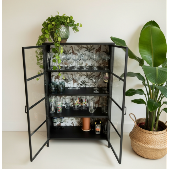 Black metal glazed industrial jungle display cabinet