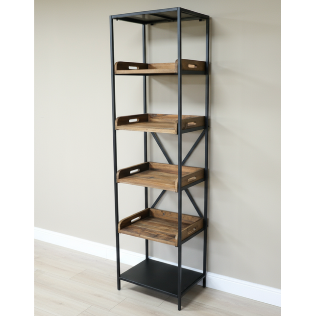 Tall slim black iron & wood display shelf unit