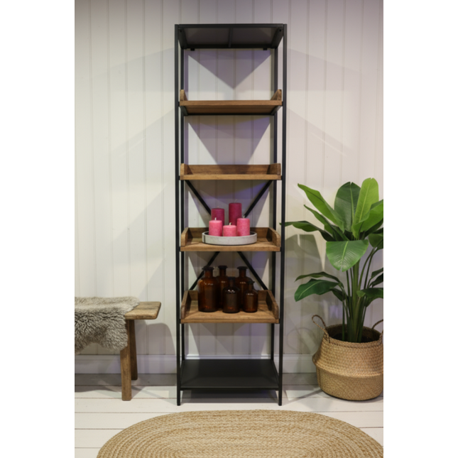 Tall slim black iron & wood display shelf unit