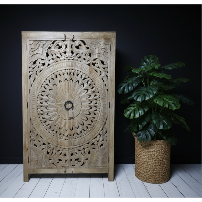 6ft tall carved natural wood armoire storage cupboard
