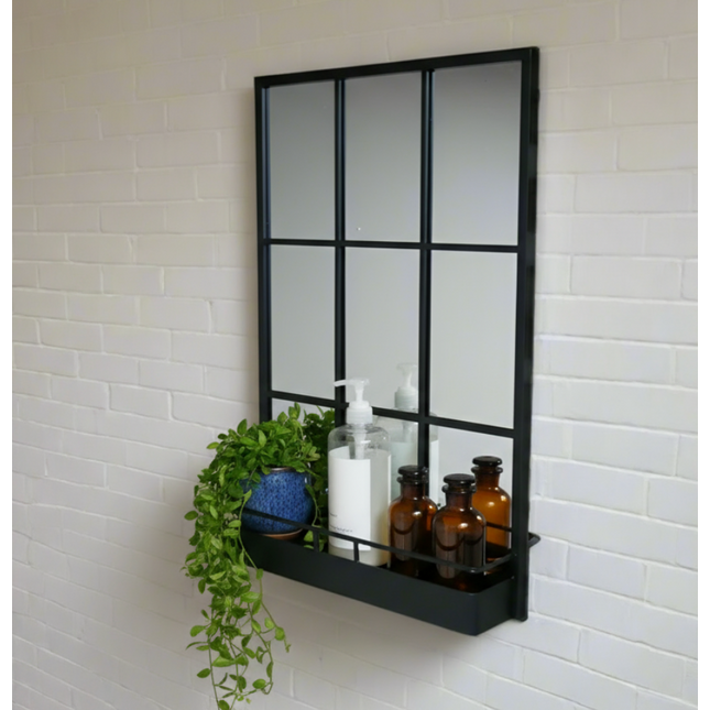 Tall black metal wall mirror with storage shelf