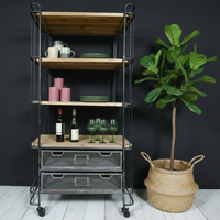 Tall caged metal & wood baker display shelves cabinet - Elderflower Lane