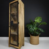 Tall wood storage cabinet with iron mesh doors - Elderflower Lane