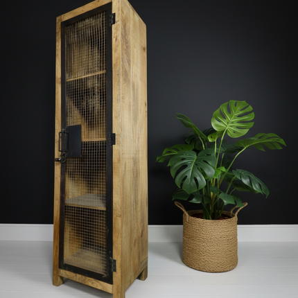 Rustic wood storage locker cabinet with iron mesh doors  UK - Elderflower Lane