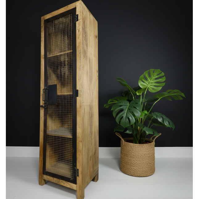 Tall wood storage cabinet with iron mesh doors - Elderflower Lane