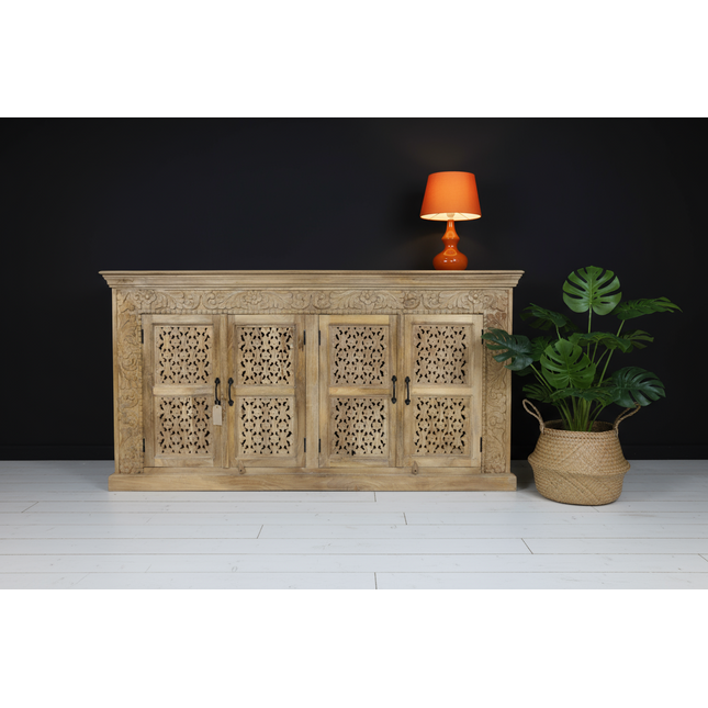 Large artisan carved 4 door ornate wood storage cabinet