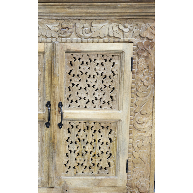 Large artisan carved 4 door ornate wood storage cabinet