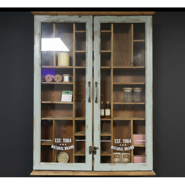 Glass fronted rustic wood collectors wall display cabinet