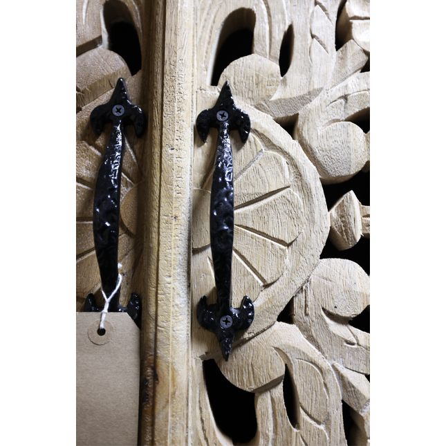 Tall Hand-Carved Natural Wood Storage Cabinet with Shelves