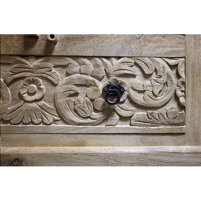 Tall Hand-Carved Natural Wood Storage Cabinet with Shelves