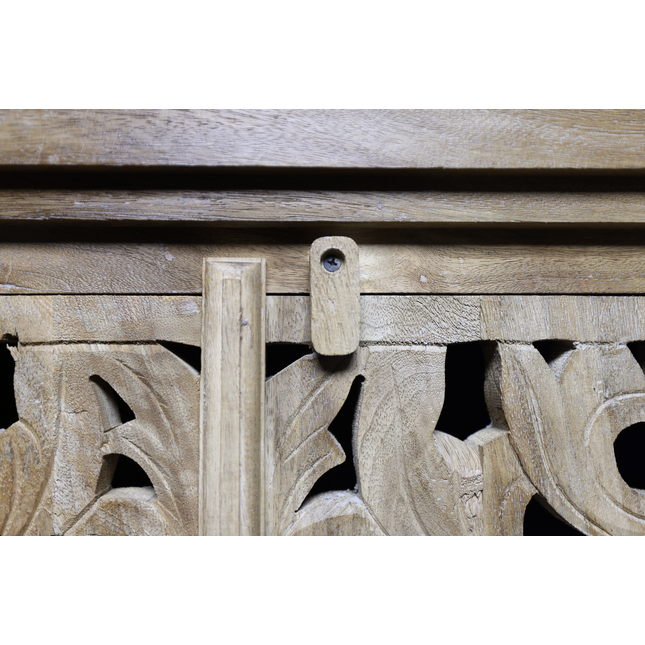 Tall Hand-Carved Natural Wood Storage Cabinet with Shelves