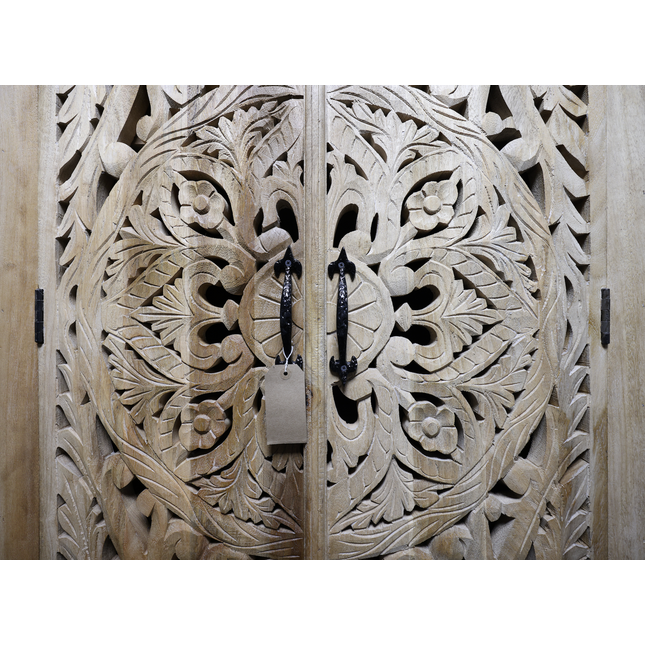 Tall Hand-Carved Natural Wood Storage Cabinet with Shelves