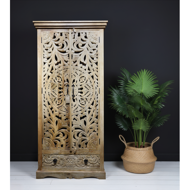 Carved wood tall storage cupboard - Elderflower Lane