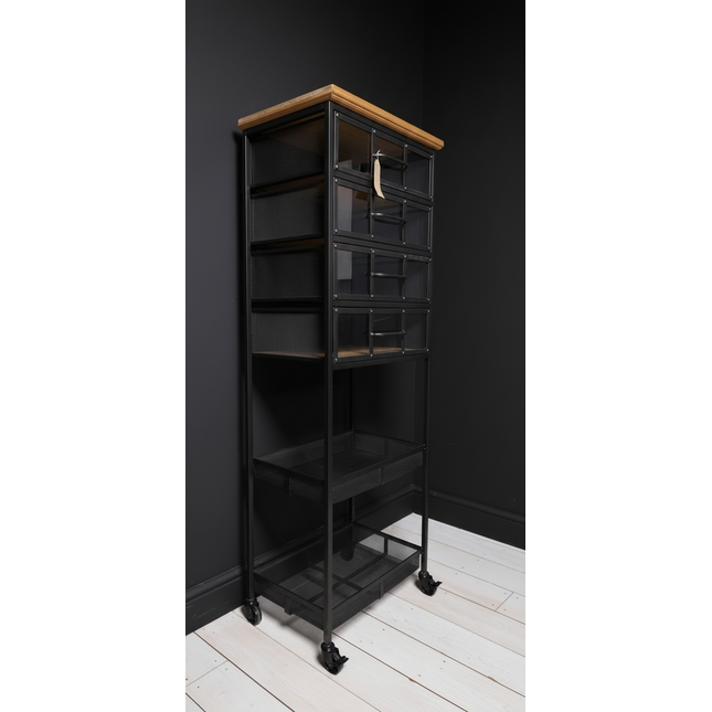 Tall slim black metal storage cabinet