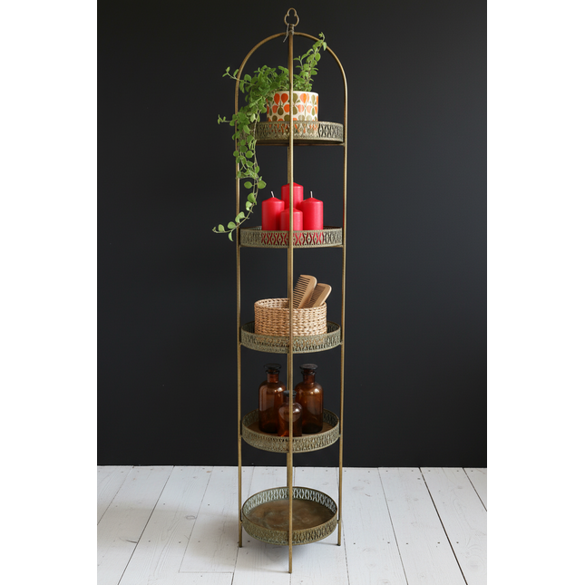 Gold metal tall 5 tier round tray shelving unit UK - Elderflower Lane