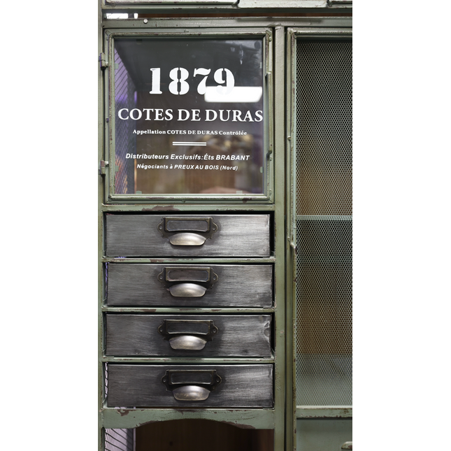 Tall green metal multi drawer storage display cabinet