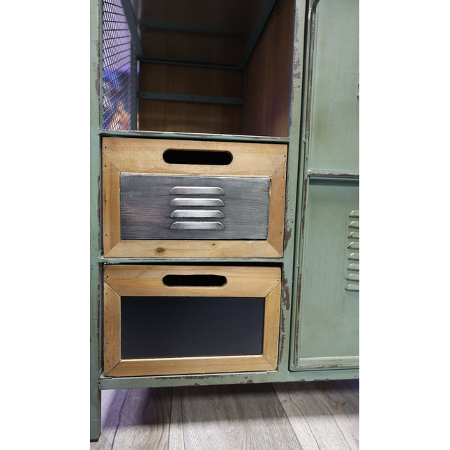 Tall green metal multi drawer storage display cabinet