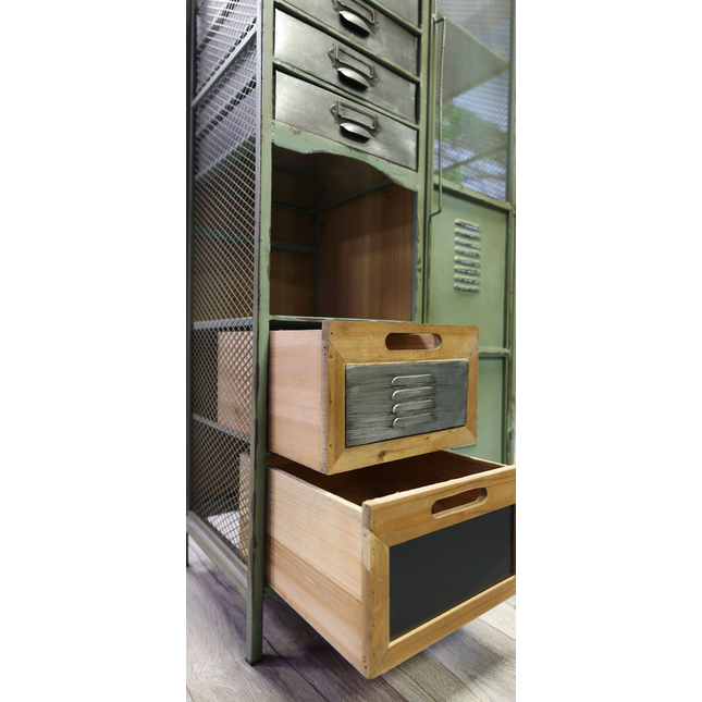Tall green metal multi drawer storage display cabinet