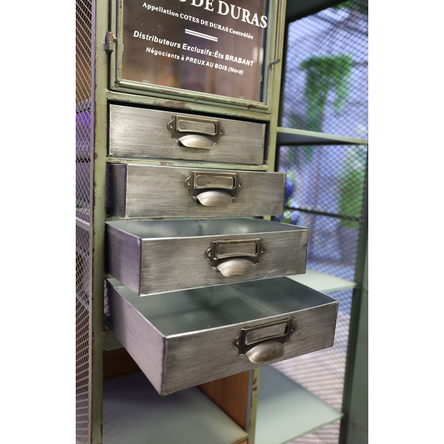 Tall green metal multi drawer storage display cabinet