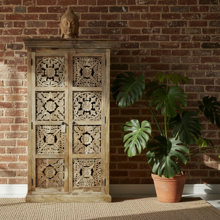 Mango wood tall storage cupboard with intricate hand-carved detail  - Elderflower  Lane