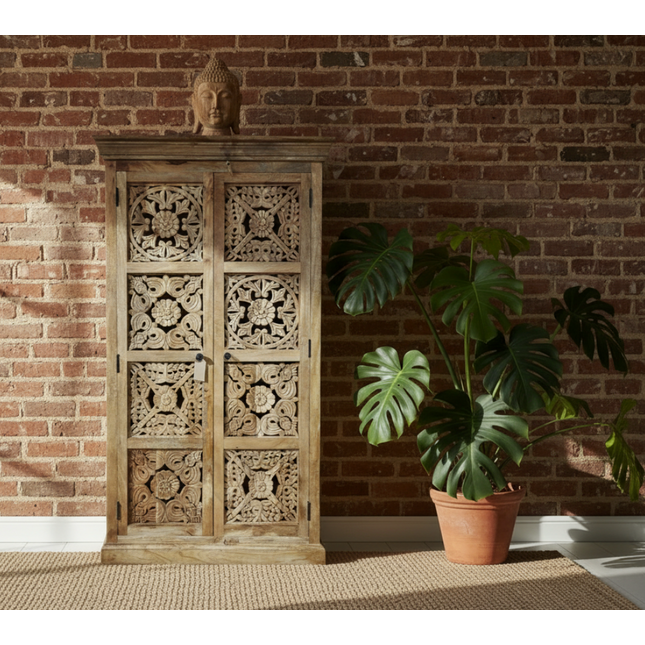 Mango wood tall storage cupboard with intricate hand-carved detail  - Elderflower  Lane