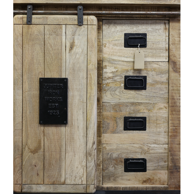 Rustic Wood & Iron Storage Cabinet | 4 Drawers & Cupboard