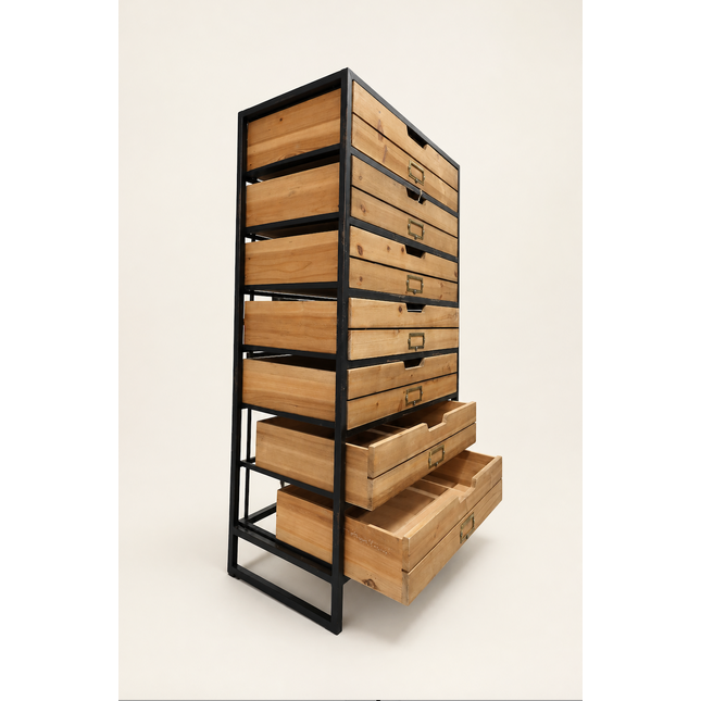 Black metal & rustic wood chest of drawers