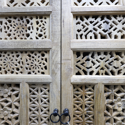 XL tall ornate carved mango wood shelved armoire cupboard