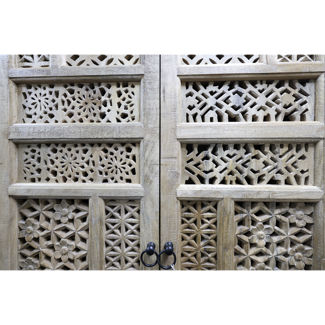 XL tall ornate carved mango wood shelved armoire cupboard